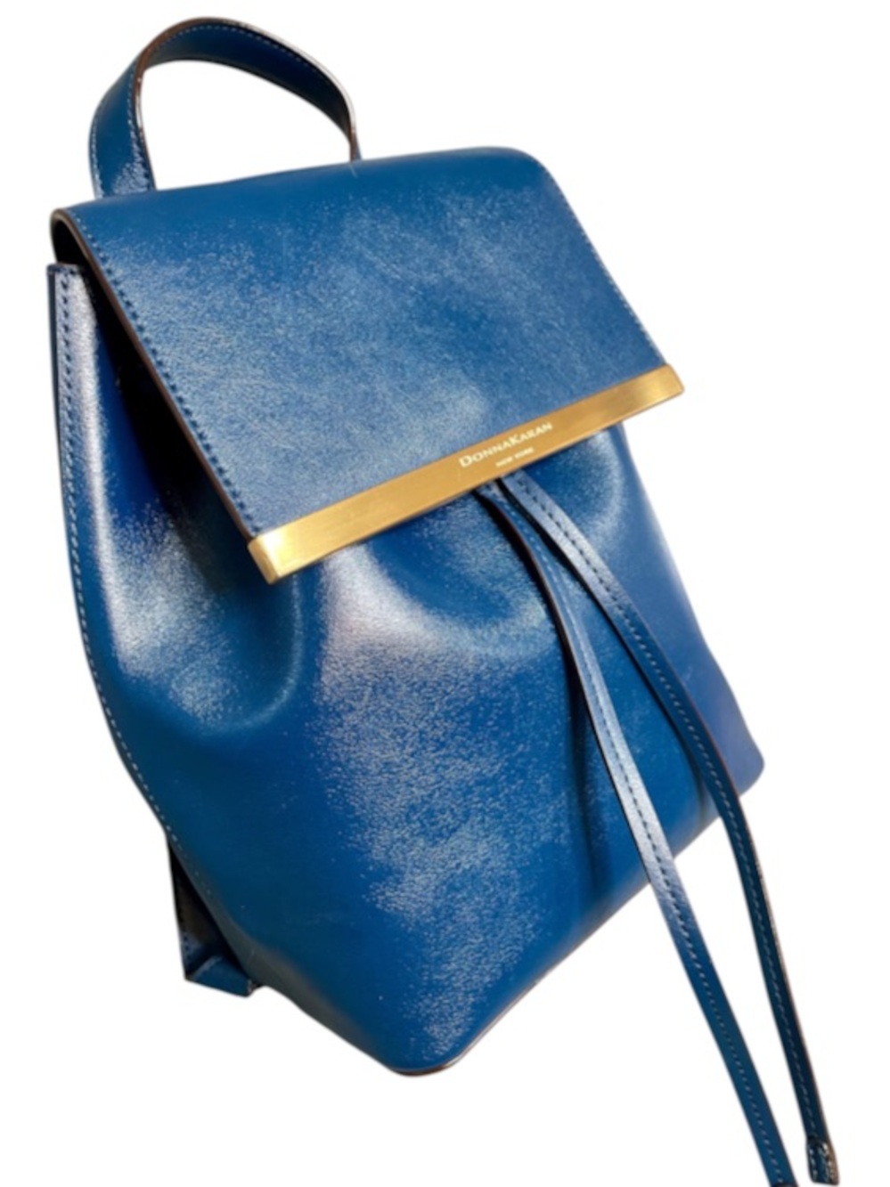 Donna Karan Blue Leather Drawstring Backpack with Gold Bar Accent & Snap Closure - Picture 4 of 8